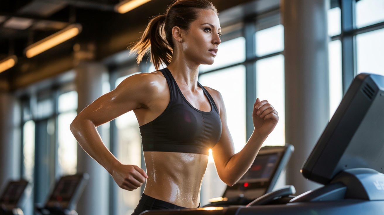A woman running on a treadmill in a modern gym, focused on her workout amidst various fitness equipment.