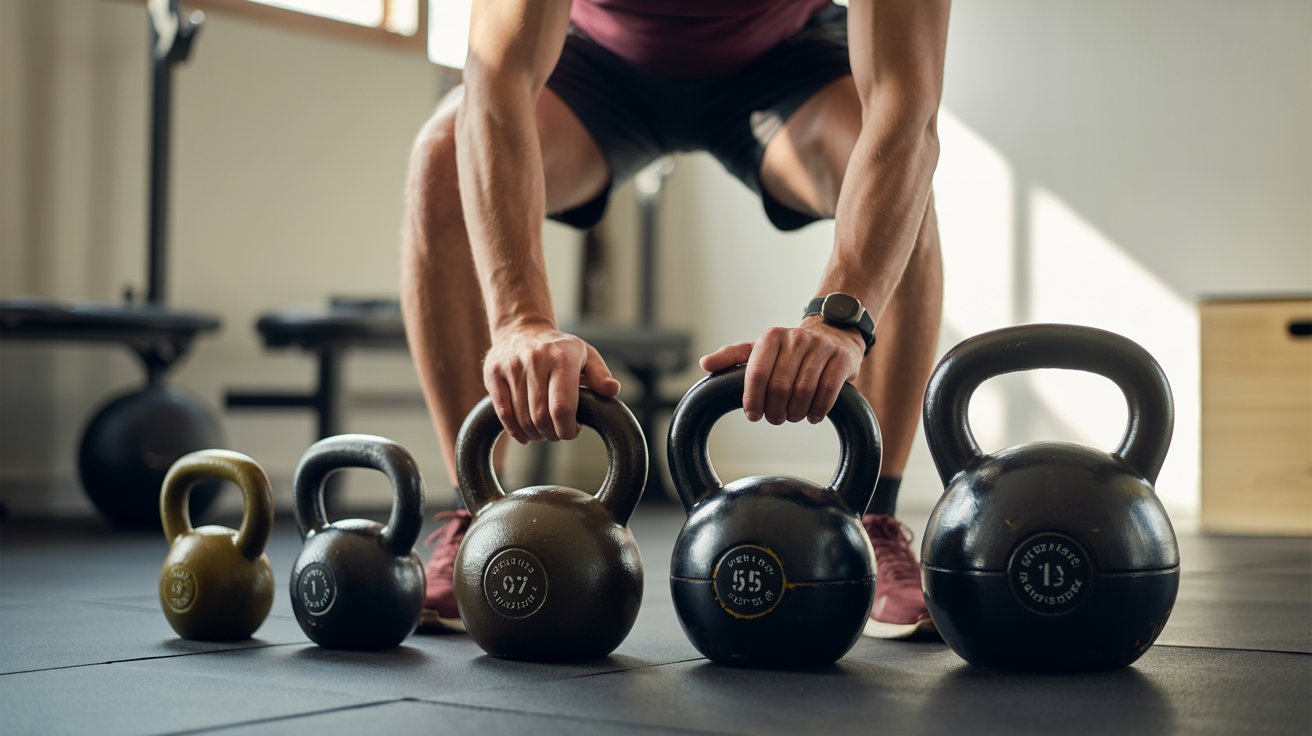 A man holds a kettlebell, standing in front of a variety of kettlebells of different sizes and weights.