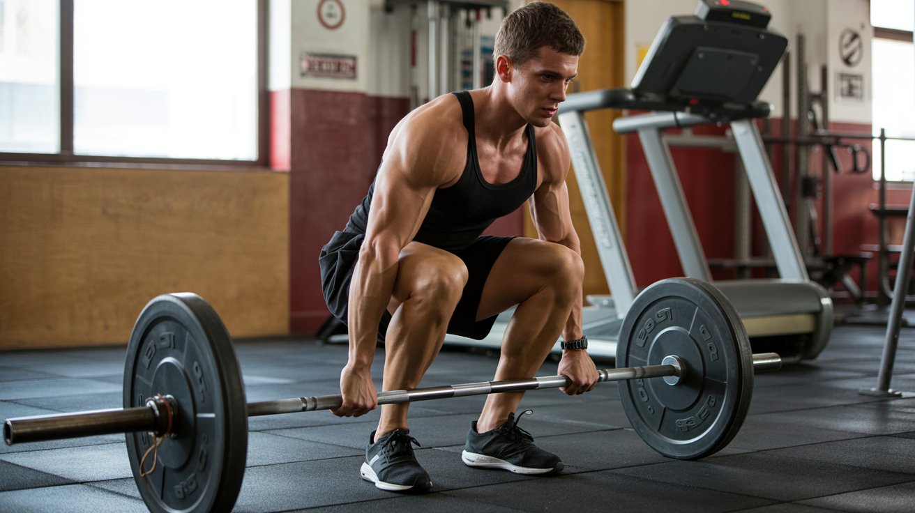 A man in a gym is performing a deadlift with a barbell. He wears a black tank top and shorts, showing concentration and strength. Gym equipment is visible.