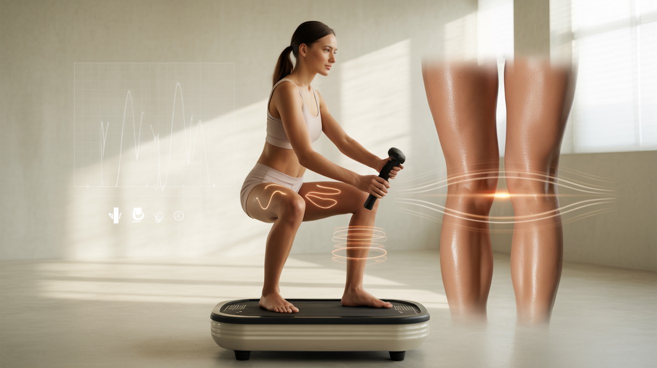 A woman squats on a vibration plate, holding a bar. The digital overlay shows data and a diagram of legs, suggesting fitness and health monitoring.