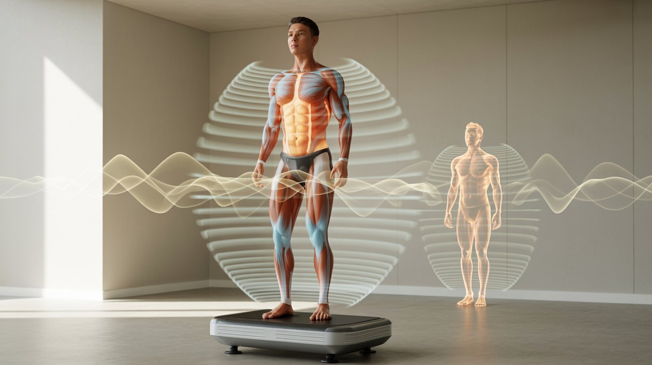 A fit man stands on a platform, muscles highlighted, surrounded by digital waves and a holographic figure in a minimal room, conveying technology and fitness.