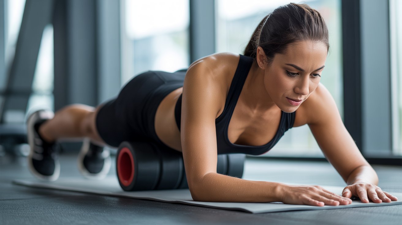 A woman performs a push-up on a foam roller, demonstrating strength and balance in her workout routine.
