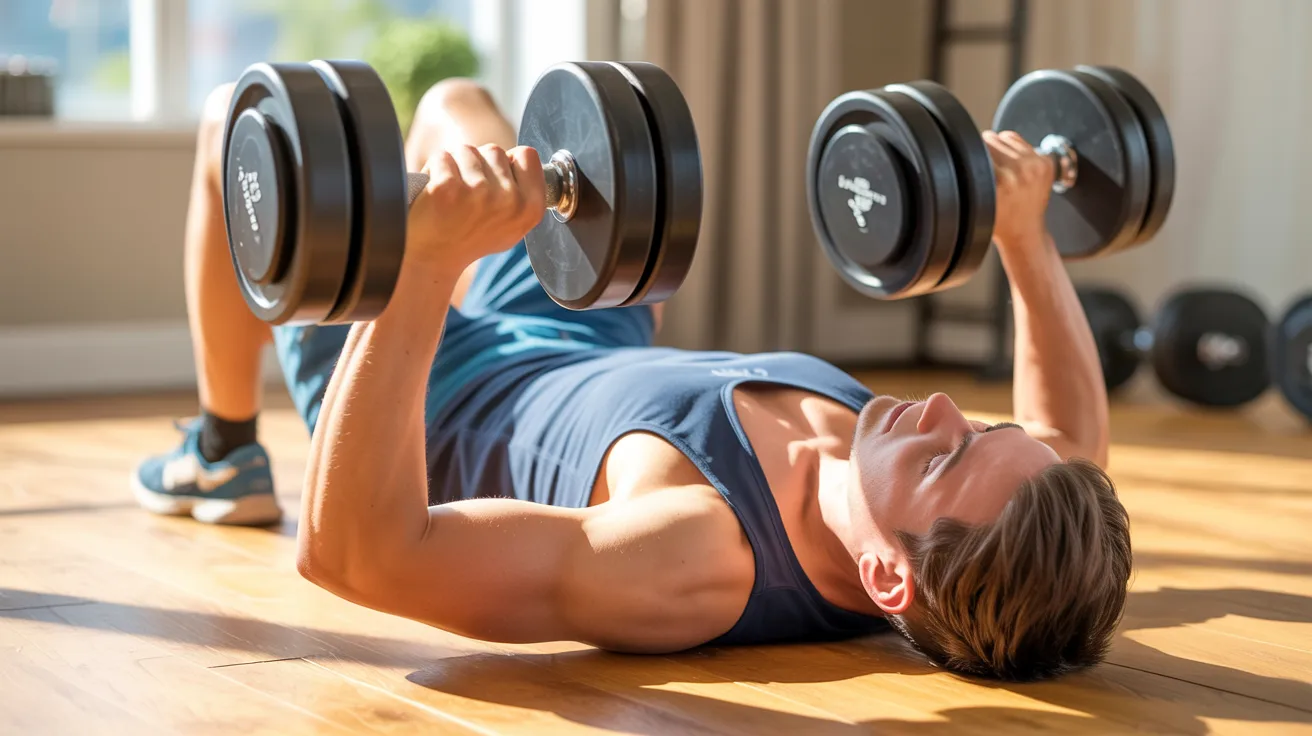 A man performs a dumbbell exercise on the floor, focusing on strength training and fitness.