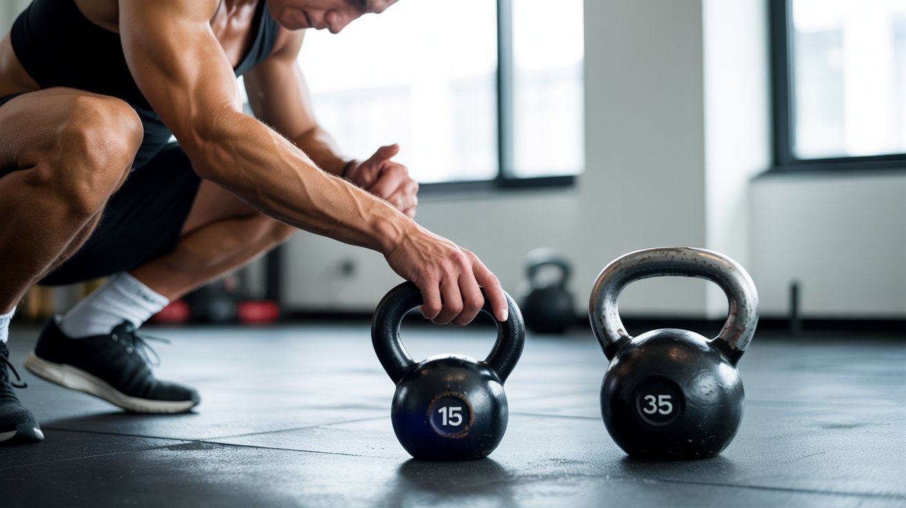 A man squats above two kettlebells, showcasing his workout routine and commitment to fitness.