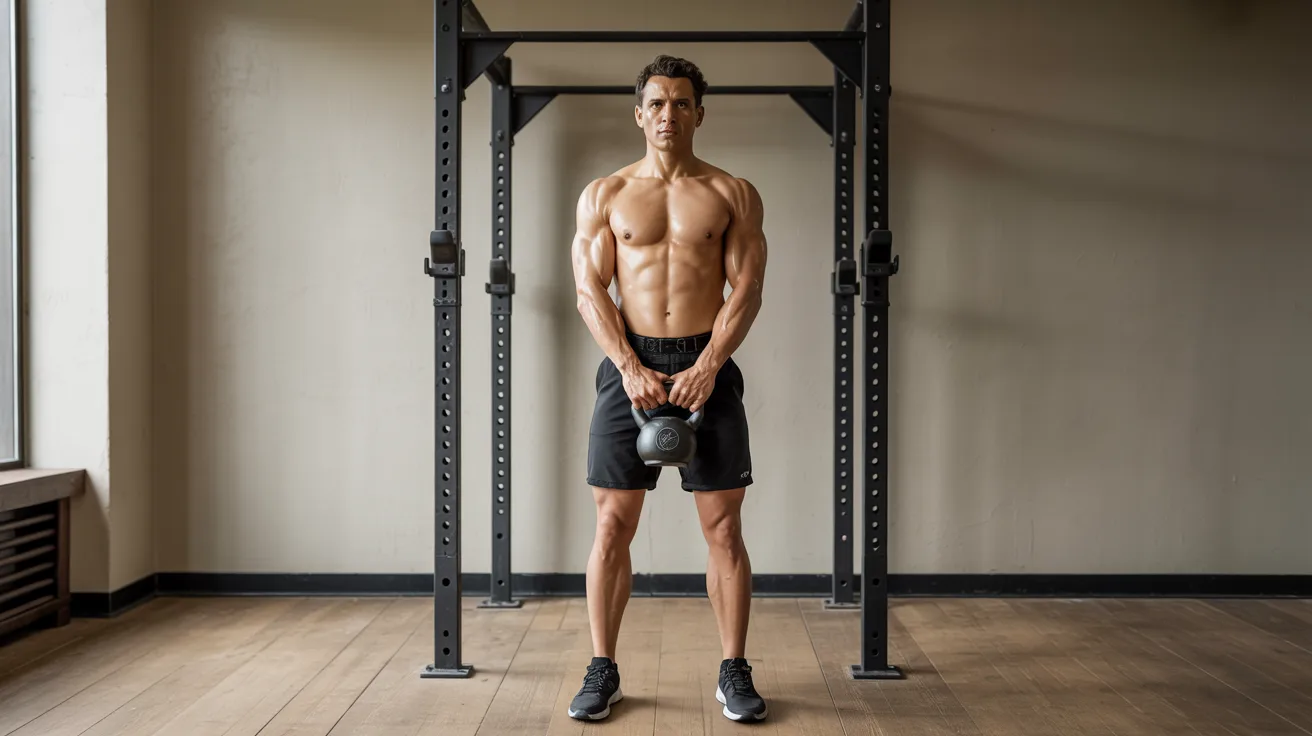 A man stands in front of a gym, holding a kettlebell, ready for a workout session.