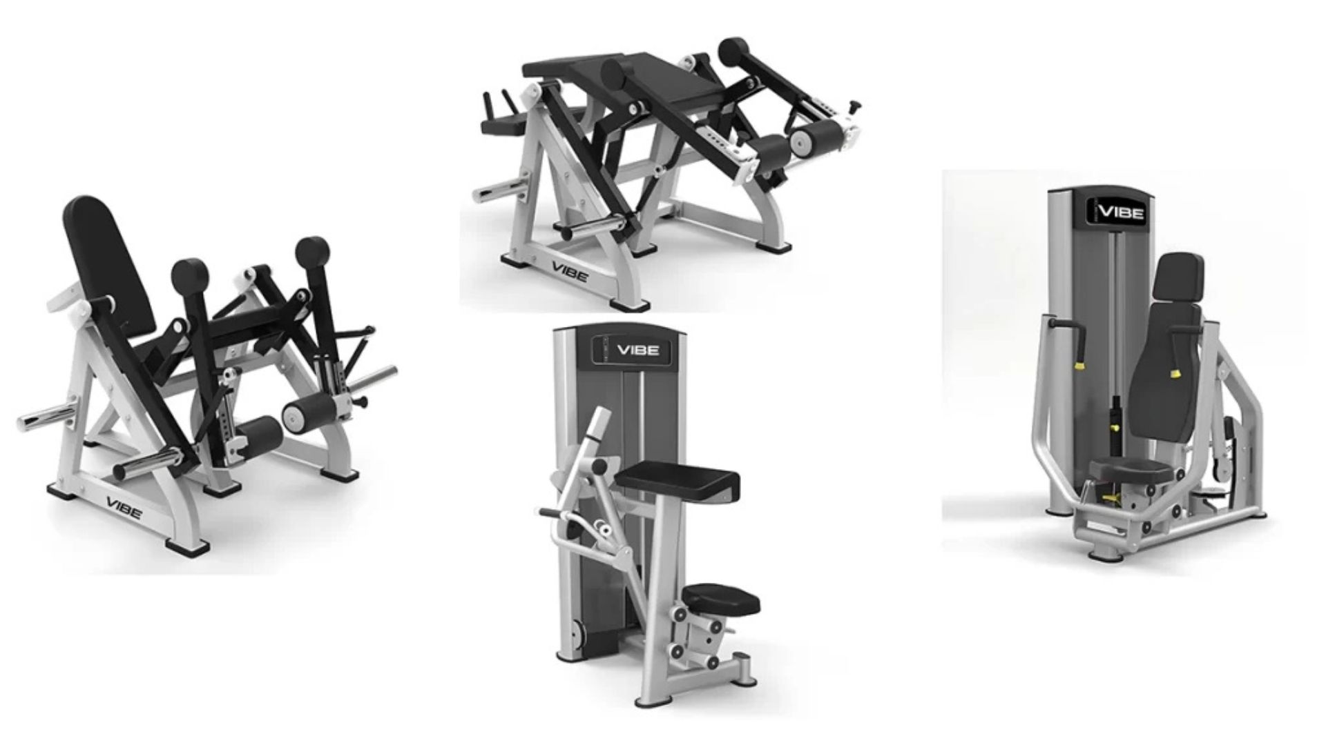 Four gym machines displayed, including a treadmill, elliptical, stationary bike, and weightlifting equipment.