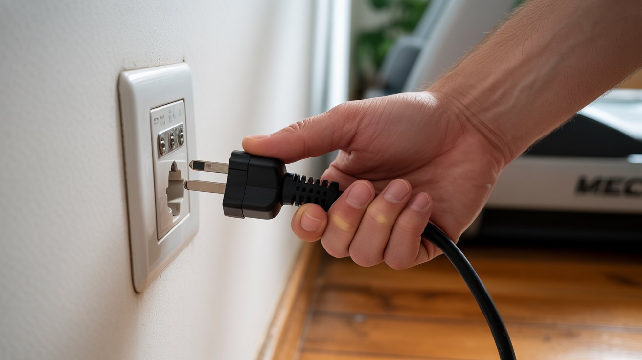 A person is inserting a plug into an electrical outlet, preparing to connect a device to the power source.