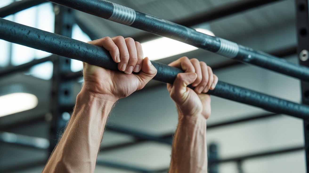 A man grips a bar in a gym, preparing for a workout or strength training exercise.