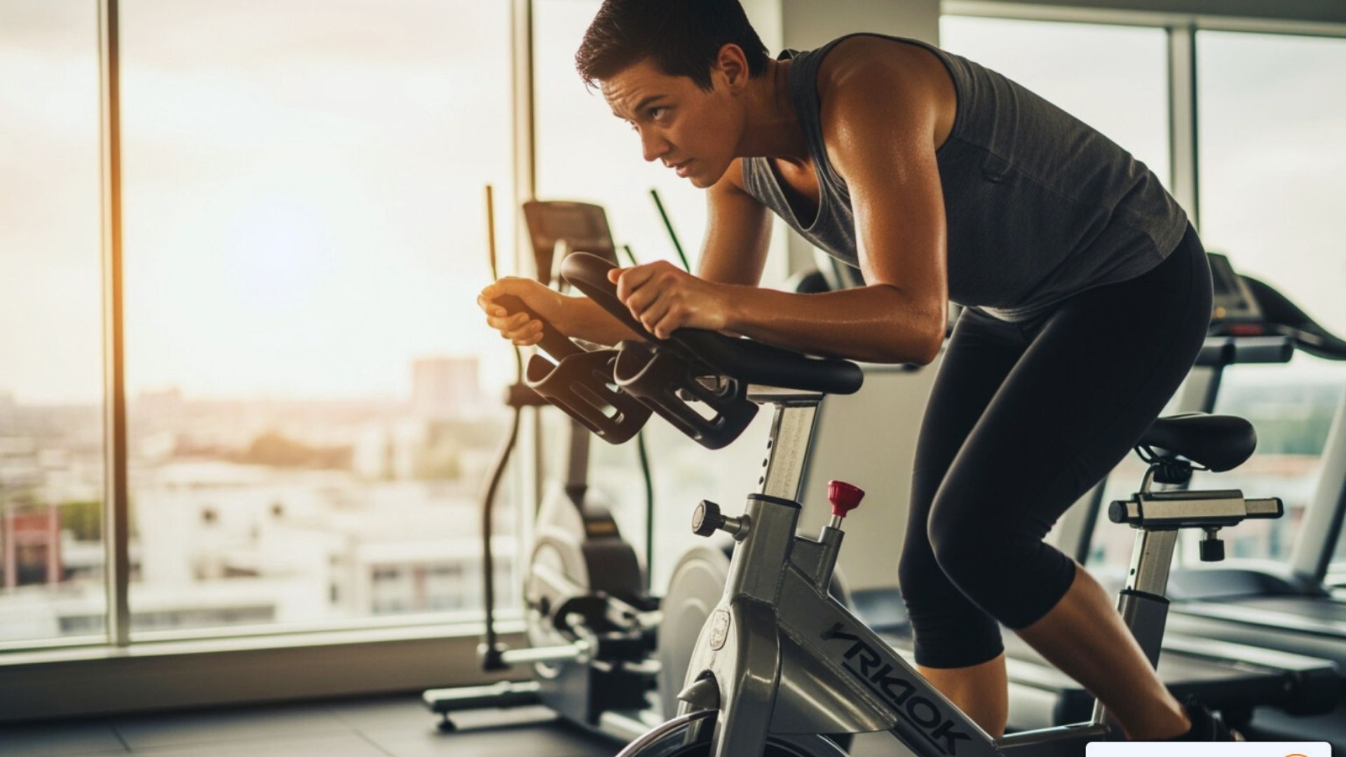 A focused person exercises on a stationary bike in a gym, with a glowing sunset visible through large windows. The scene conveys determination and effort.
