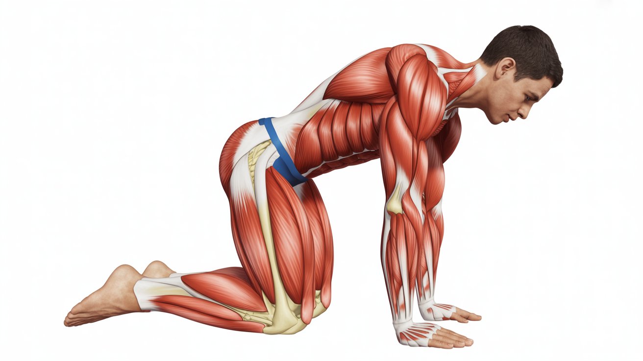 A man bends over, flexing his muscles to showcase his strength and physique.
