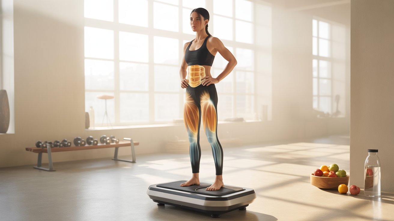 Woman standing confidently on a vibration plate in a sunlit gym, wearing leggings with highlighted muscle graphics. Dumbbells and fruit visible nearby.