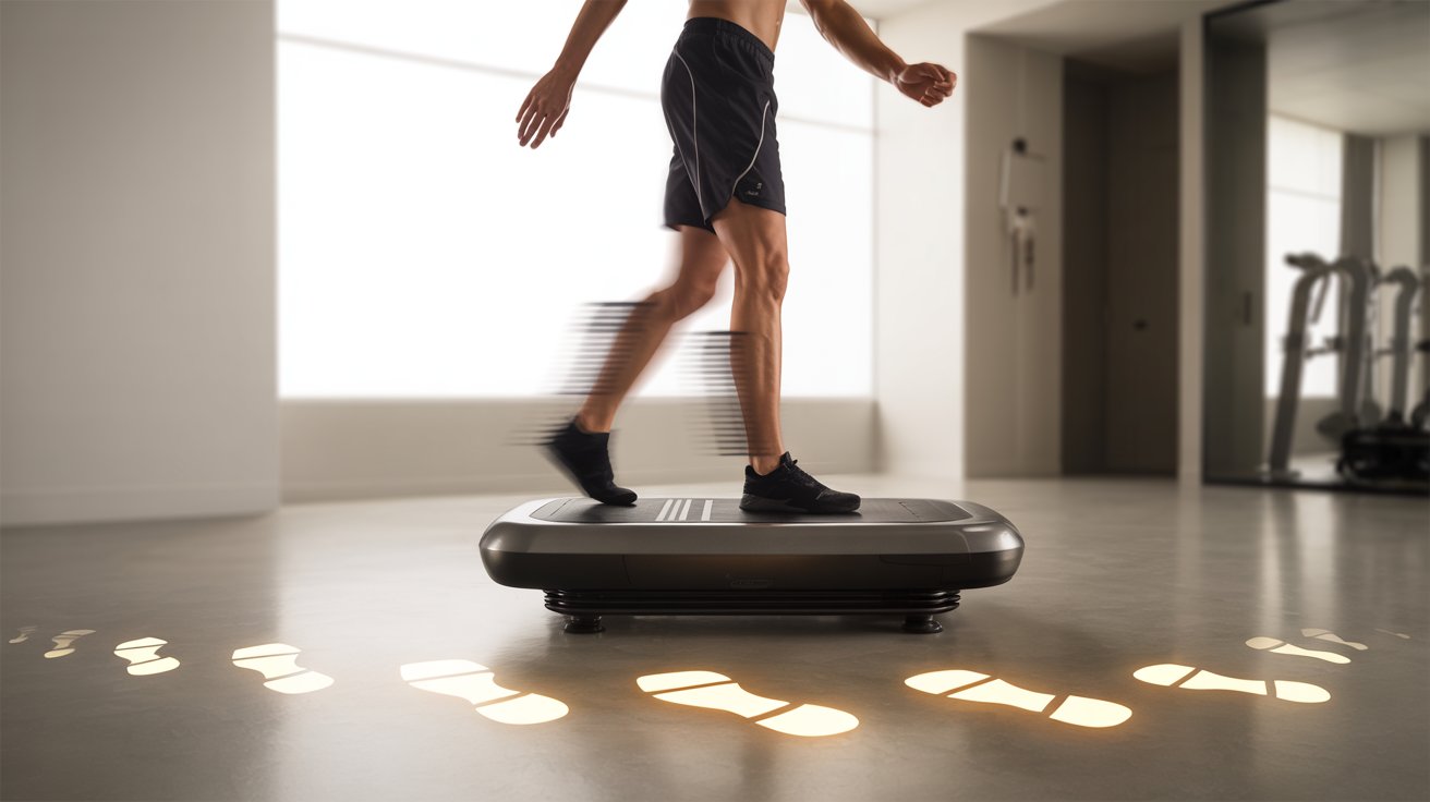 A person in athletic gear walks on a sleek treadmill in a modern gym. Glowing footprints trail behind, emphasizing motion and energy in the scene.