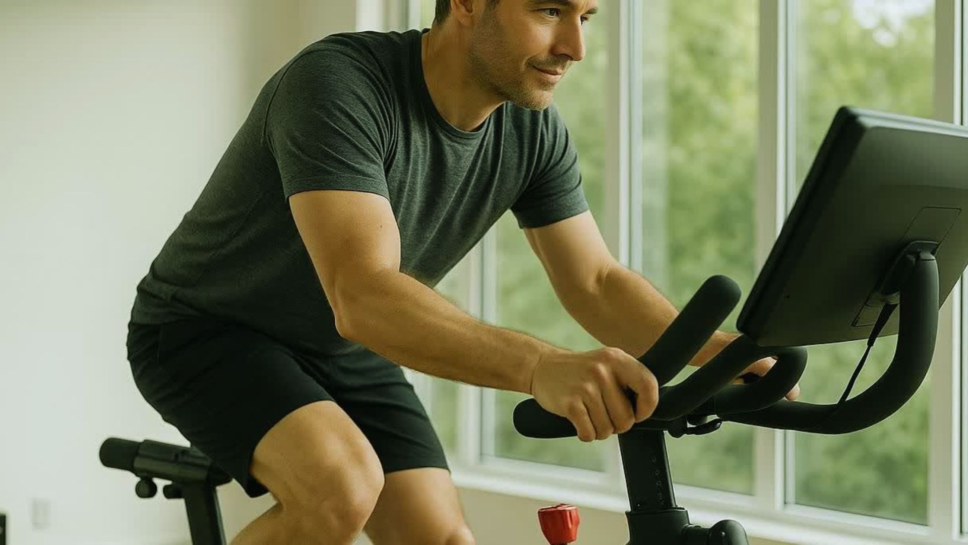 A man is exercising on a stationary bike, positioned in front of a large window with natural light streaming in.