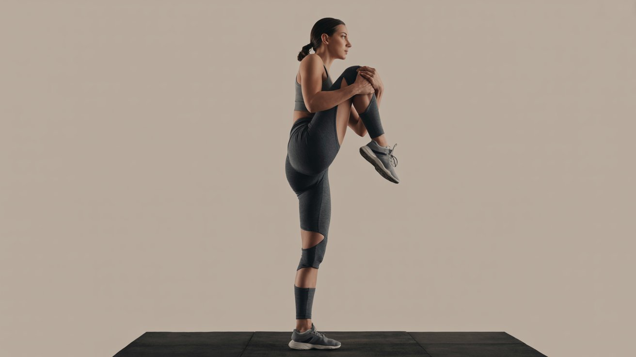 A woman performs a leg exercise on a mat, focusing on her form and balance during the workout.