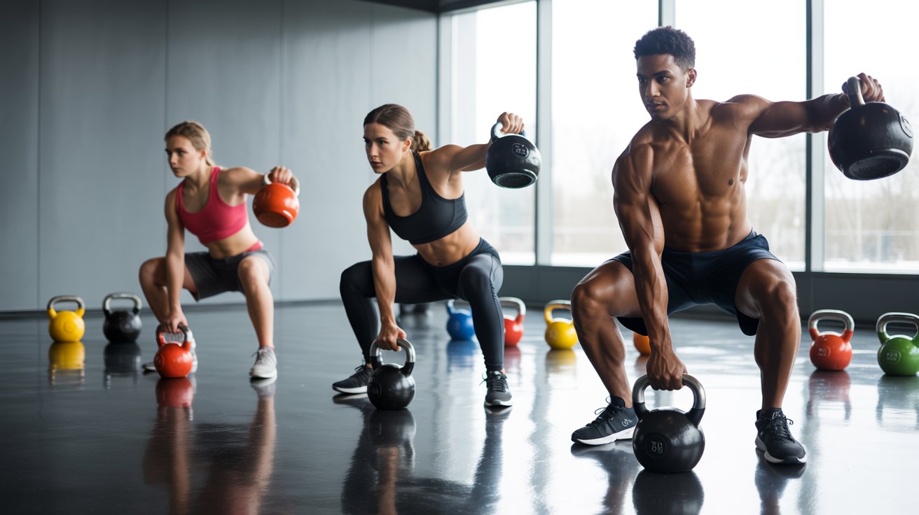 A group of diverse individuals performing kettlebell exercises in a gym setting, focusing on strength and fitness.