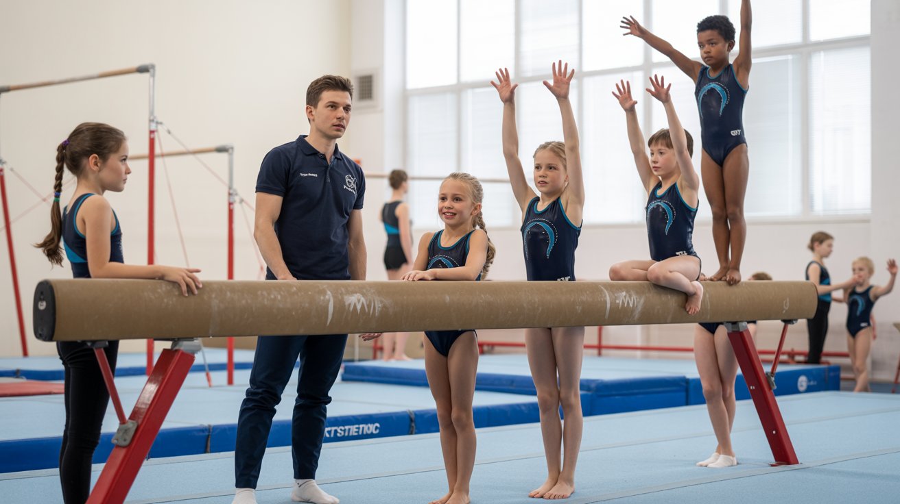 Several young girls performing on a balance beam, showcasing their gymnastics skills and teamwork.