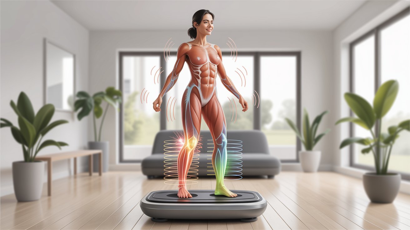 A woman with illustrated muscles stands on a vibrating platform in a modern living room, highlighting muscle engagement and fitness. Plants and large windows frame the room.