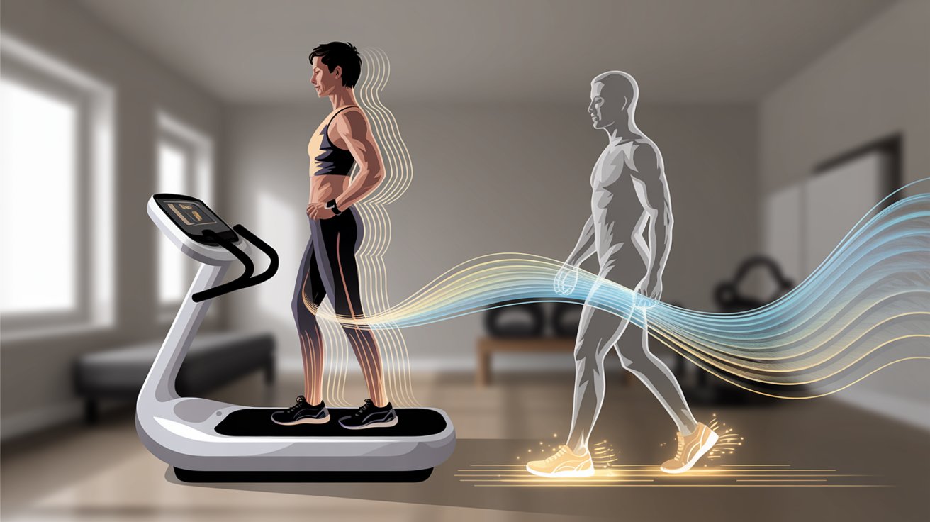 Illustration of a person exercising on a modern treadmill in a bright room, with dynamic waves connecting to a glowing figure walking, symbolizing energy and movement.