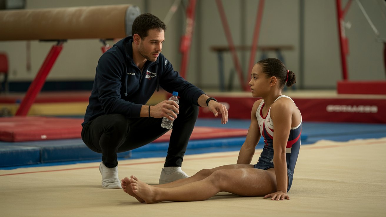 A man and a young girl sit on the floor of a gymnastics gym, surrounded by mats and equipment.