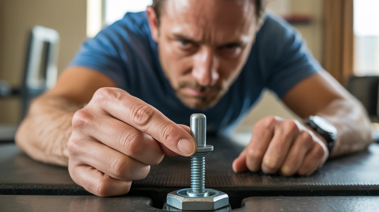 A man holds a screw above a wooden table, focusing on the small metal object in his hand.
