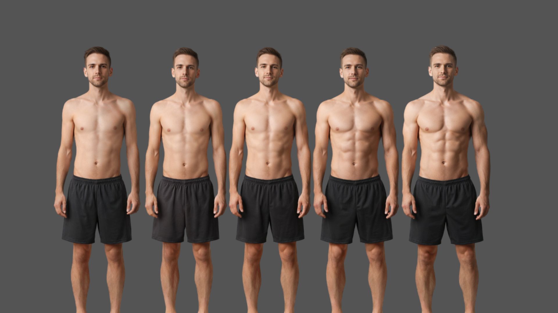 Five identical, fit men wearing black shorts stand in a row against a gray background, showing a progression from slimmer to more muscular physiques.