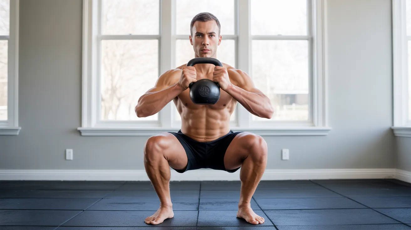 A man squats while holding a kettlebell, demonstrating strength training and proper exercise form.