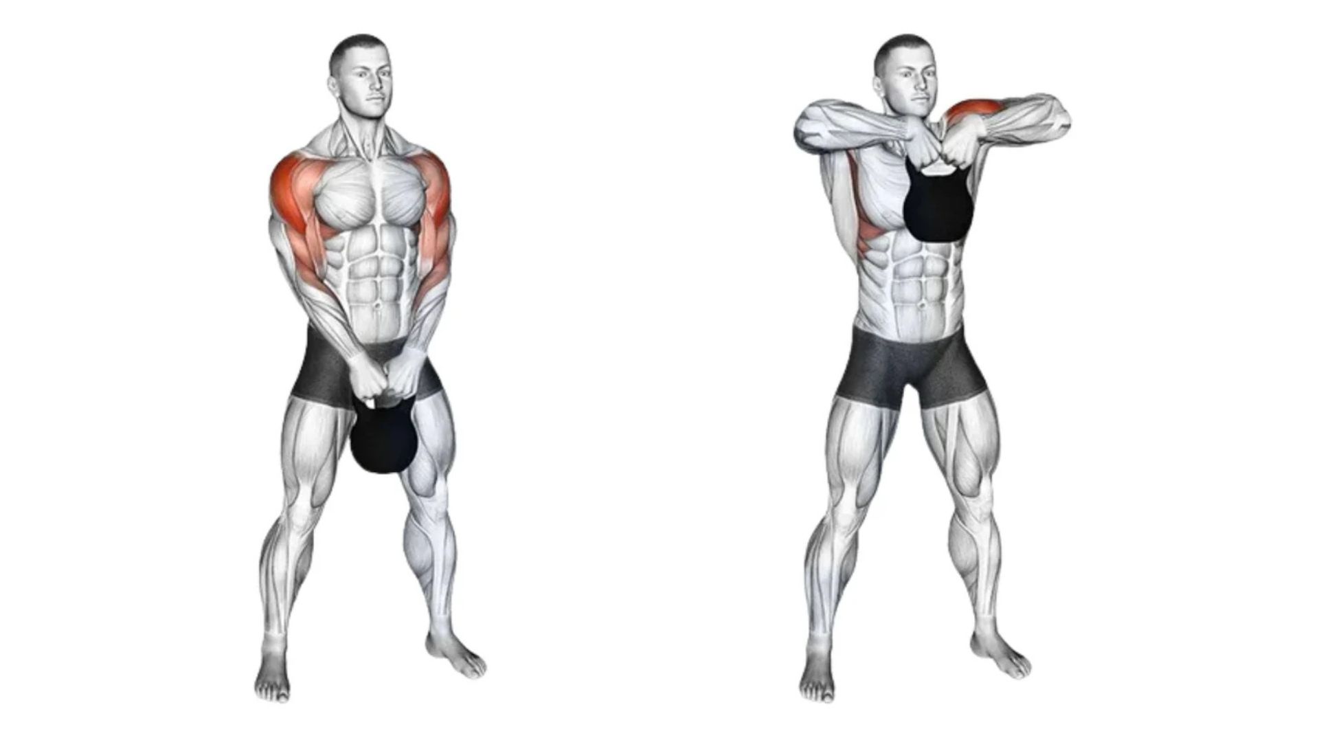 Two images of a man performing a kettlebell exercise, showcasing different angles and techniques of the workout.