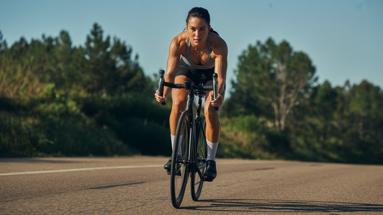 A woman on a bike traveling down a road, with a clear blue sky overhead.