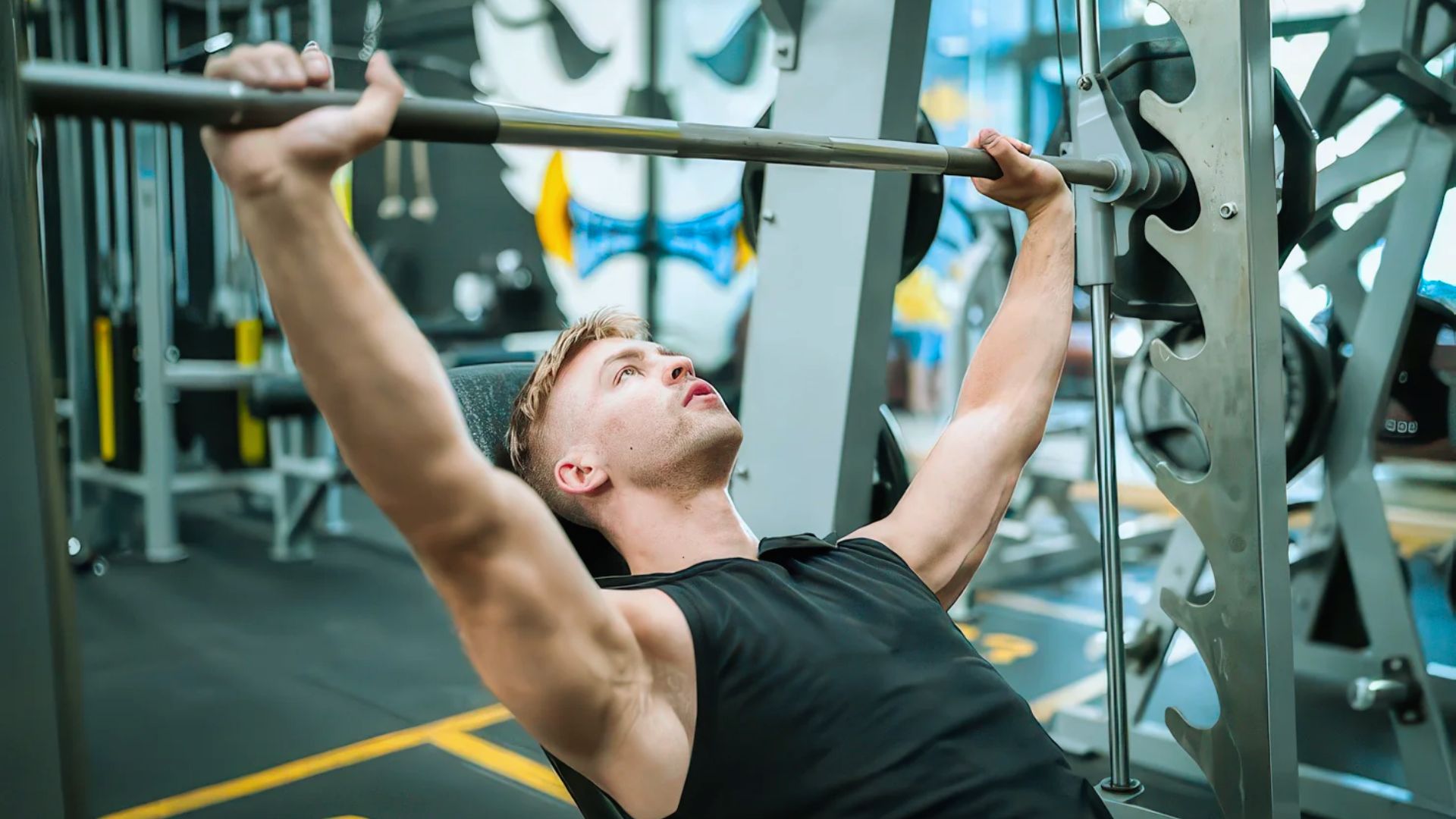 A man performs a pull-up on a bar in a gym, showcasing strength and focus during his workout routine.