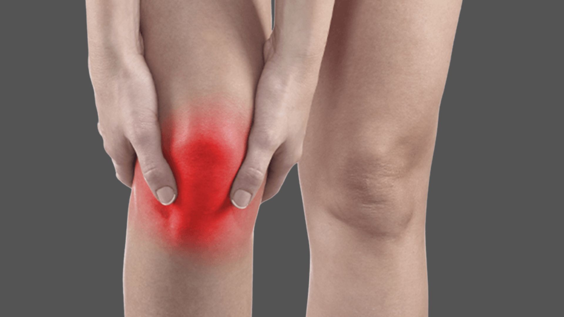 A person holds their left knee, highlighted with a red glow, indicating pain or inflammation. The right knee is normal, set against a gray background.