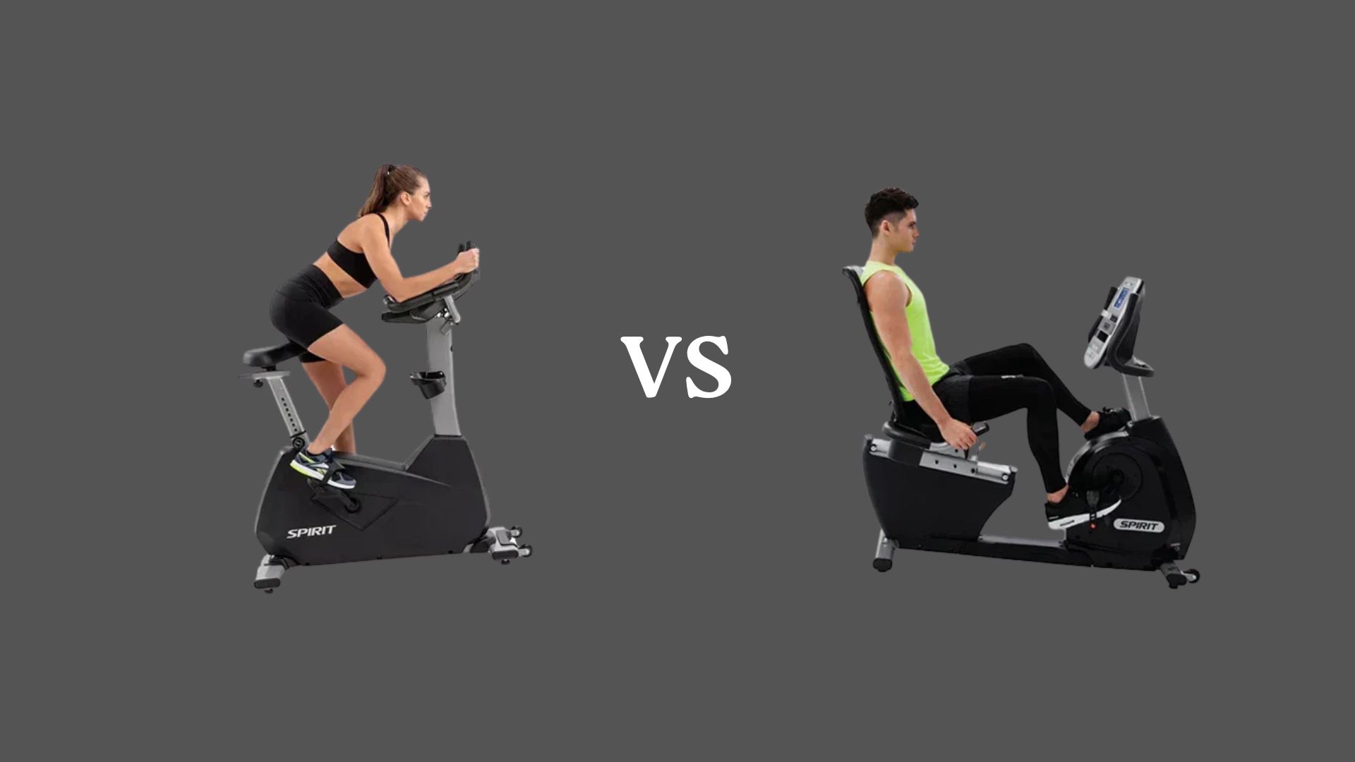 Image of a woman on an upright exercise bike and a man on a recumbent bike against a gray background with "VS" in white text between them.