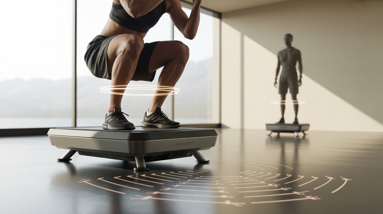 A person in athletic wear performs a squat on a vibration platform in a sunlit room, with dynamic lines illustrating movement. A second individual stands in the background.