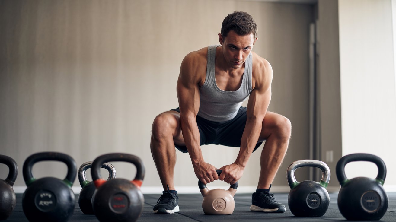 A man performs a squat with kettlebells in a gym, focusing on strength training and fitness.