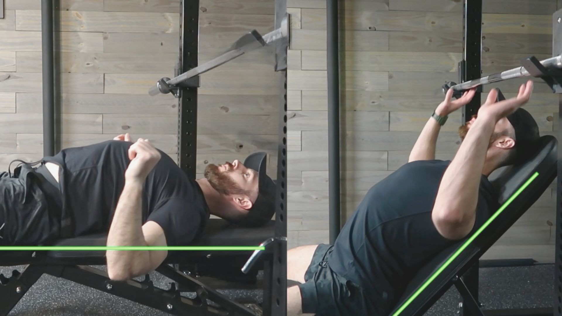 Two images of a man performing a bench press, showcasing his strength and focus during the workout.