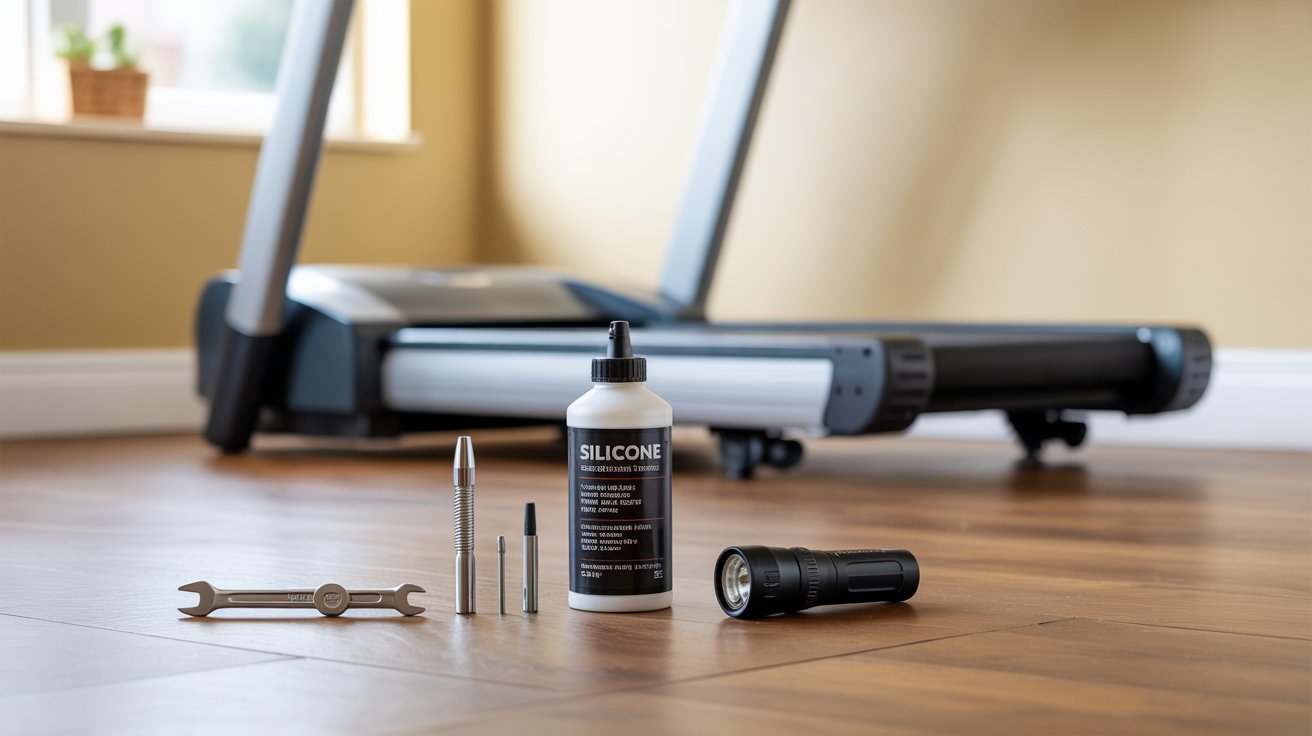 A treadmill, a bottle of glue, and a screwdriver arranged on a flat surface, showcasing fitness and repair tools.