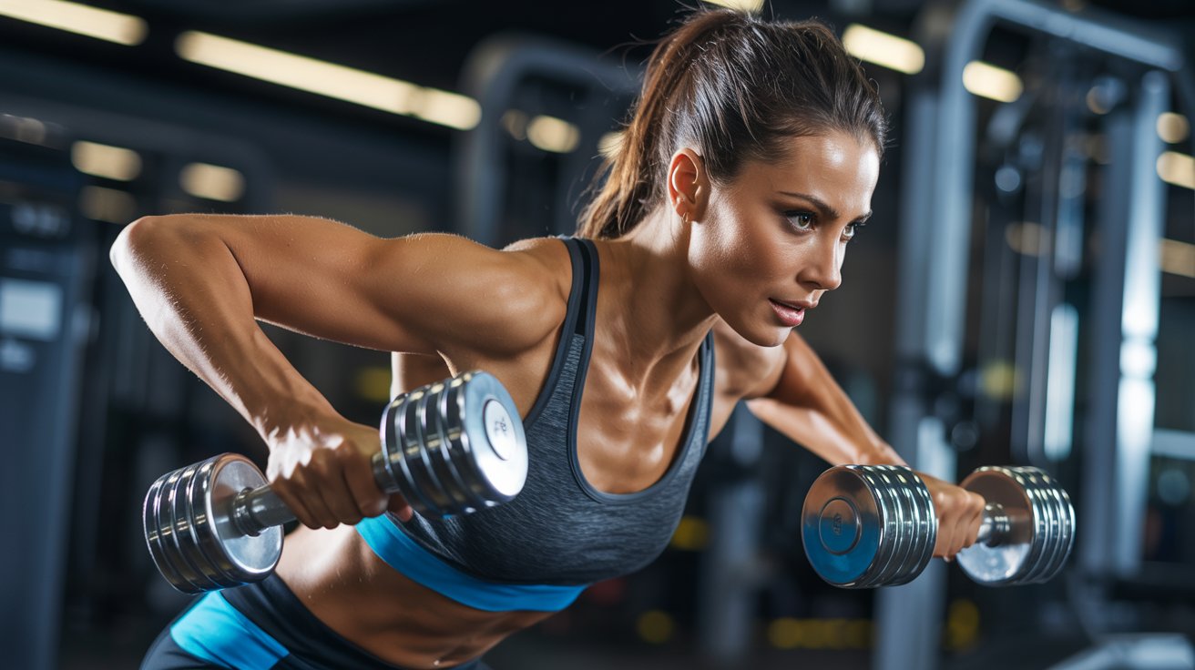 A woman is lifting weights in a gym, focusing on her form and strength training.