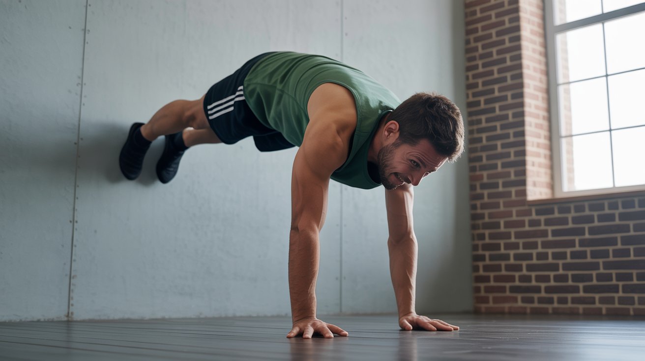 A man performs a handstand push-up against a wall in a sunlit room. He's wearing a green tank top and black shorts, showing focus and determination.
