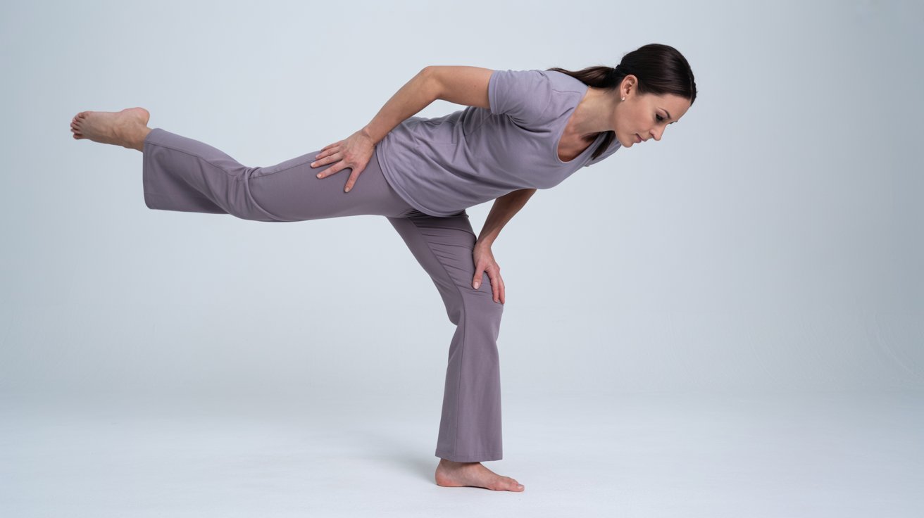 A woman in a purple shirt performs a yoga pose, showcasing balance and focus in a serene environment.