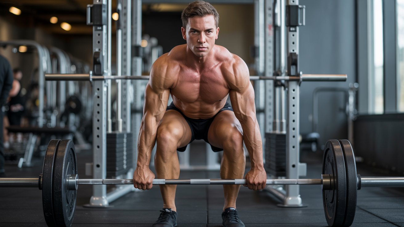 A muscular man prepares to lift a heavy barbell in a gym, showcasing focus and strength. Background features gym equipment and a modern, industrial setting.