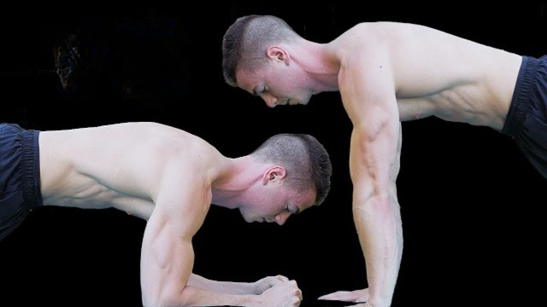 Two shirtless men are performing exercises against a black background. The one in front is doing a plank on his forearms, and the one behind is in a plank position with straight arms. Both have a focused expression, highlighting strength and fitness.