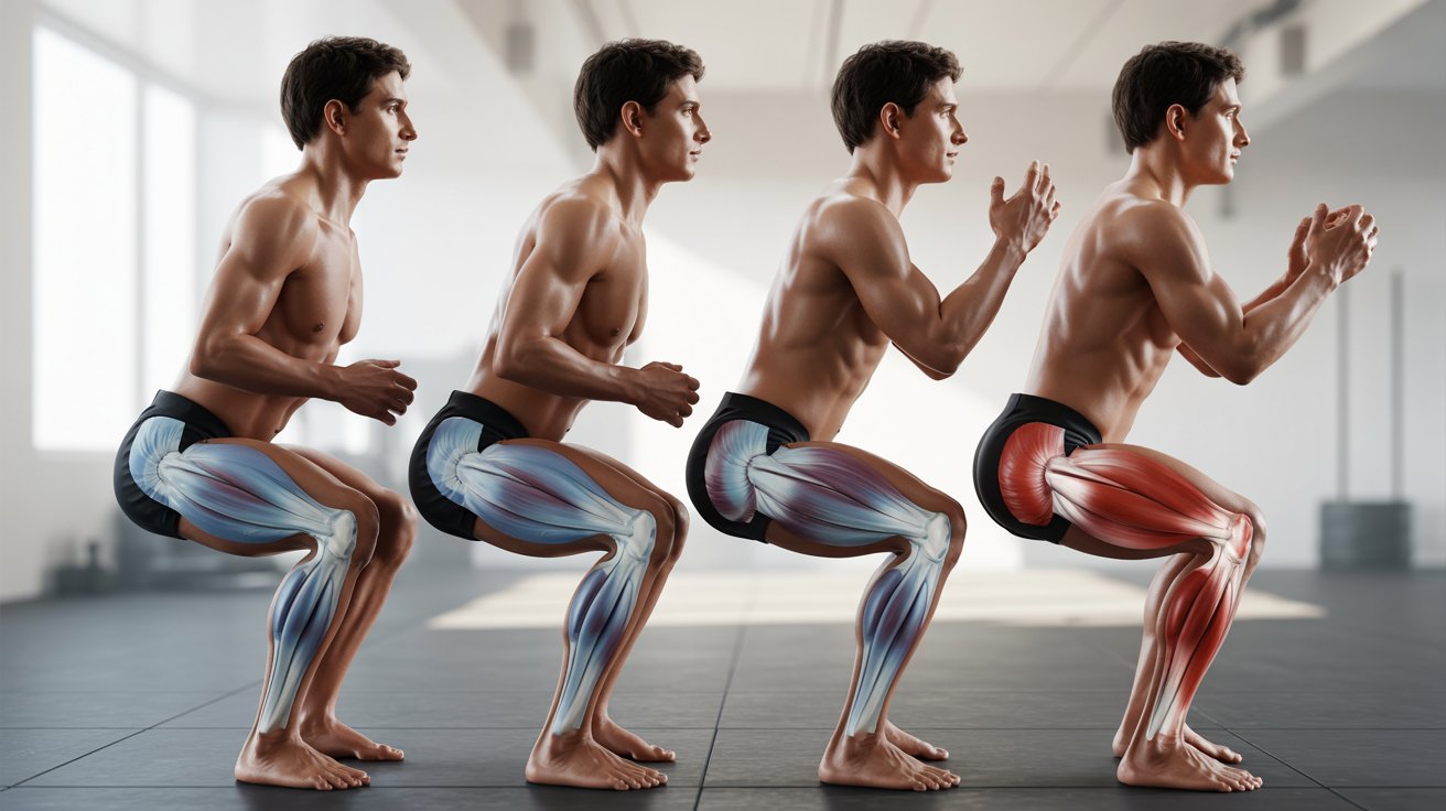 Four men in sequence perform a squat exercise, highlighting muscle engagement. Muscles are progressively more detailed, emphasizing anatomy and strength.