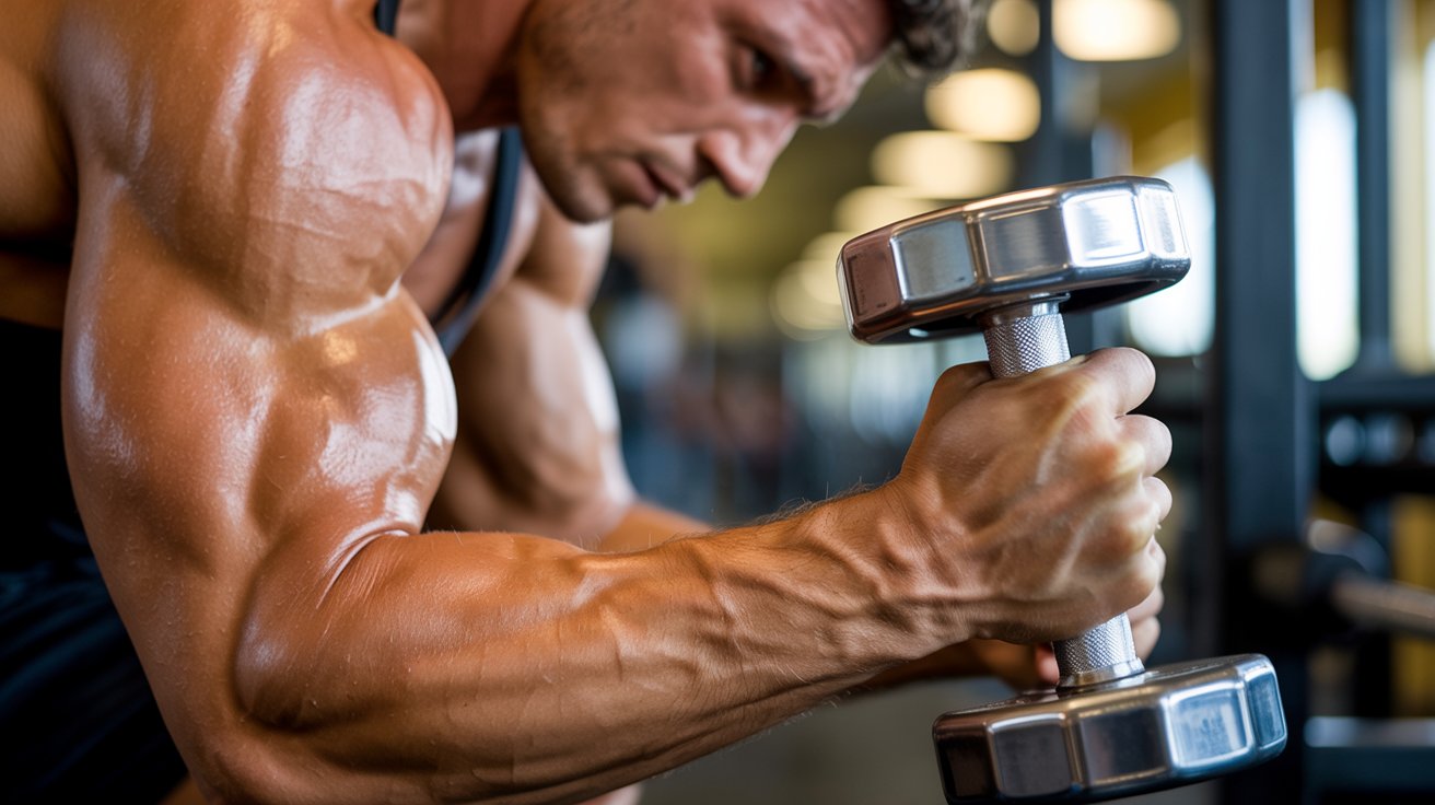 Man in gym lifting a heavy dumbbell, showcasing muscular arms. Focused expression, intense lighting highlights defined muscles, conveying strength and determination.
