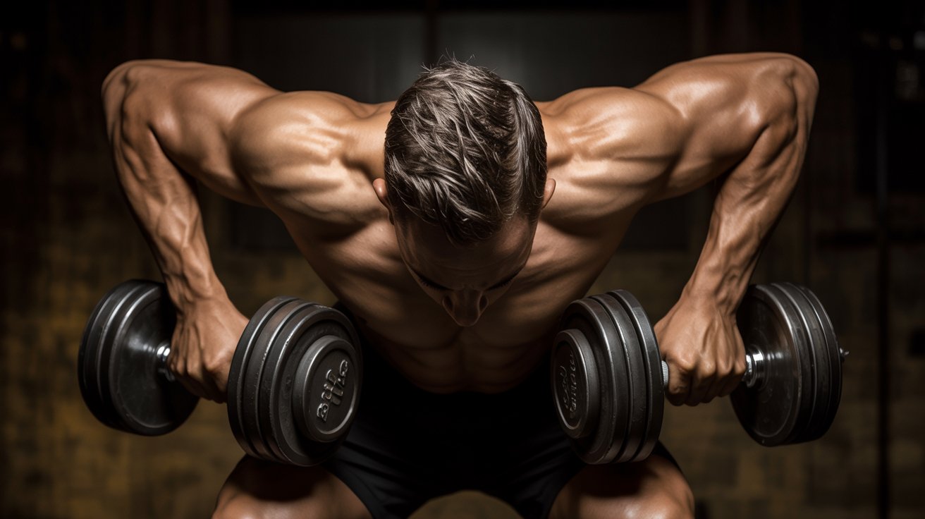 A muscular man intensely lifts dumbbells in a dimly lit gym, highlighting his defined arms and back muscles. The scene conveys strength and focus.
