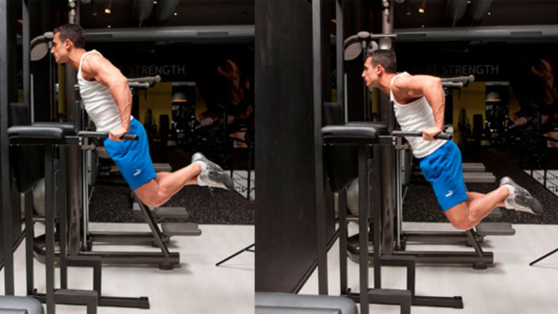 Two images of a man performing pull-ups on a bar, showcasing different angles of his exercise technique.