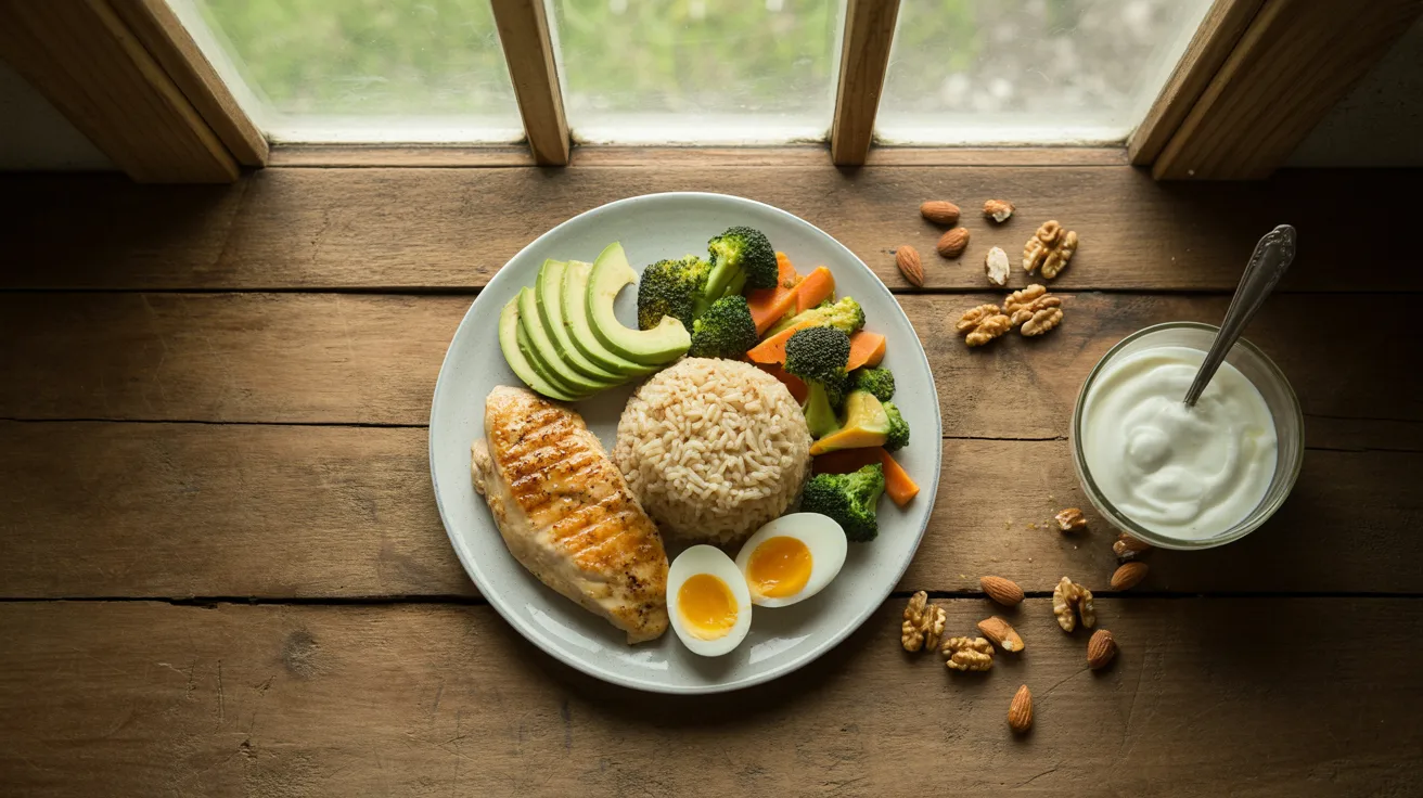A plate with grilled chicken, avocado slices, rice, broccoli, carrots, and a halved boiled egg. Next to it, a bowl of yogurt and scattered nuts on a wooden table by a window.