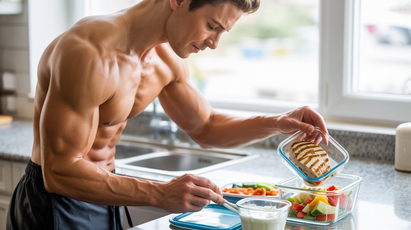 A muscular man in a kitchen, shirtless, focuses on meal prepping. He places grilled chicken into a container with salad and fruit, conveying health and discipline.