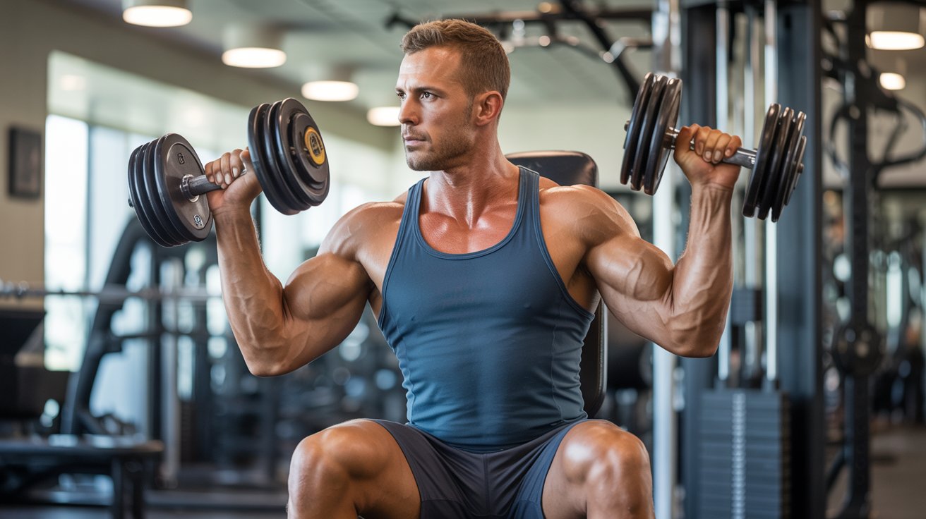 A muscular man in a gym performs shoulder presses with dumbbells. He appears focused and determined, wearing a blue tank top. Gym equipment is visible in the background.