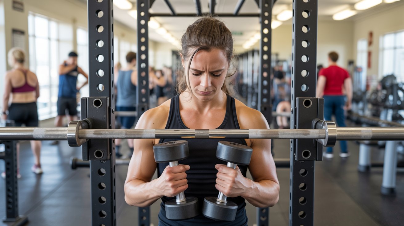 Woman in a gym holding dumbbells, wearing a black tank top, and looking focused. Others exercise in the background. Determined and energetic atmosphere.