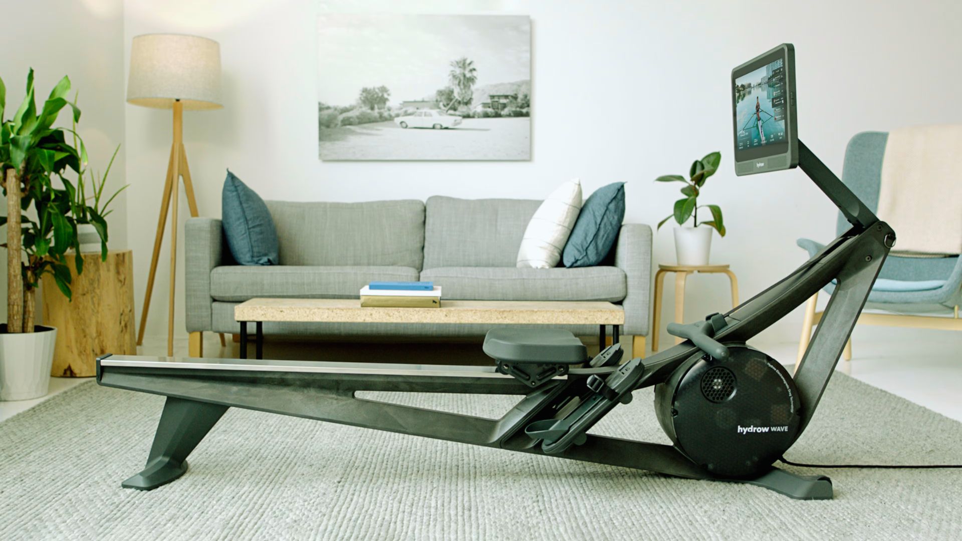 A sleek rowing machine with a digital screen stands in a cozy living room with modern decor, including a gray sofa, plants, and a soft rug.