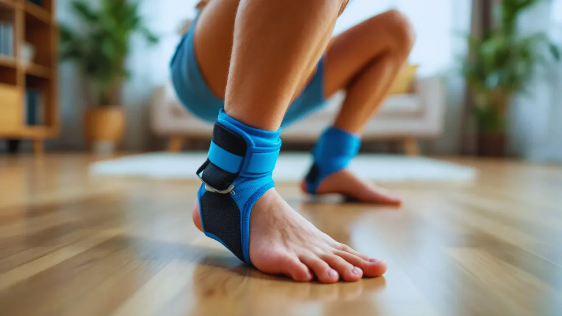 A person wearing blue ankle weights squats on a wooden floor in a bright living room, suggesting focus and determination in a fitness routine.